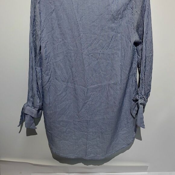 H&M L.O.G.G Women's Blue White Pinstripe Tie Sleeve V-Neck Blouse Size 6 - Picture 9 of 11